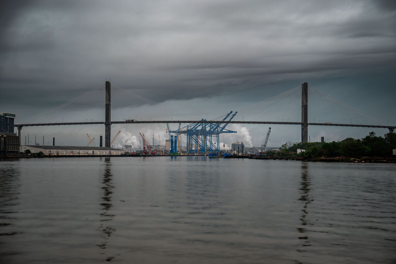 Cloudy day view of Talmadge Memorial Bridge over Savannah River in Georgia, USA.